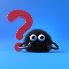 Fluffy, cute monster beside a question mark, symbolizing inquiry or curiosity. 3D rendering, conceptual image. Isolated on white background.