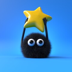 Fluffy, cute monster holding a star, symbolizing achievement or rating. 3D rendering, conceptual image. Isolated on white background.