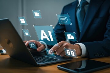 Businessman working on a laptop with glowing ai technology interface overlay