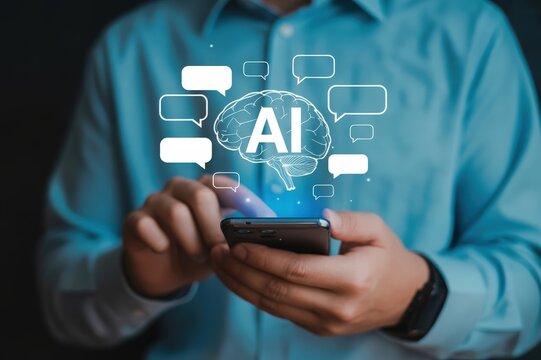 Man uses smartphone interacting with ai technology and communication bubbles