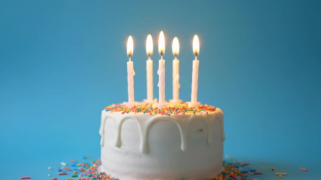 A delicious white birthday cake with five lit candles and colorful sprinkles, set against a vibrant blue background vector illustration