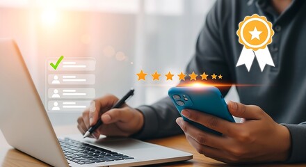 Customer review and satisfaction with five star rating using smartphone laptop and pen for excellent service and best quality feedback