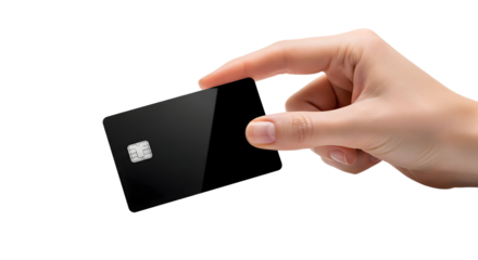 Hand holding a black credit card, ready for purchases, transactions, or financial tasks, isolated on transparent background