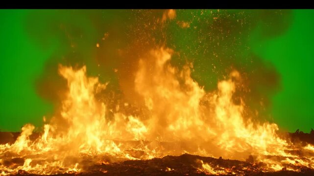 Intense flames and embers erupt against a vibrant green screen background, creating a dynamic fire effect vector illustration