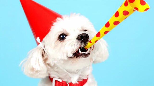 A small white dog wearing a red party hat joyfully blows a yellow polkadot party horn on a light blue background vector illustration