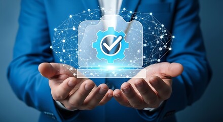 Data security concept presented in a digital format with a gear and checkmark held by a business professional in a blue suit symbolizing security and compliance