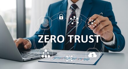 Zero Trust Security Framework Concept with Businessman Using Laptop and Digital Interface Enhancing Cybersecurity Posture for Modern Enterprises