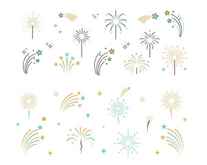 A festive collection of stylized vector fireworks, comets, and sparkling stars illustrated in a modern, elegant palette of gold, teal, and charcoal.