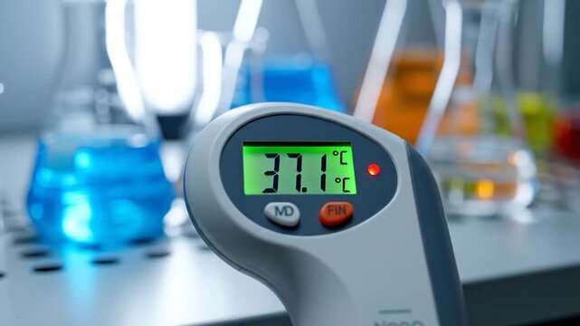 Digital thermometer displaying temperature in scientific laboratory with chemical glassware research