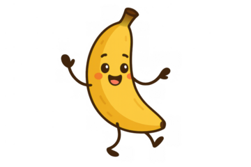 Happy cartoon banana character dancing and waving, having fun, cute fruit illustration with transparent background