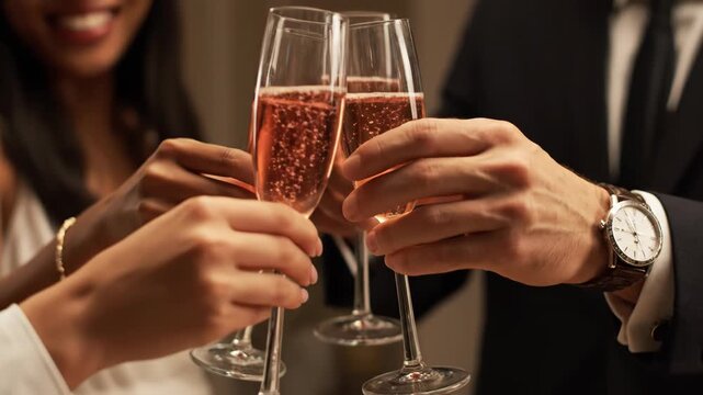 Three hands clinking glasses of rose champagne in a toast, celebrating a special occasion with a festive drink vector illustration