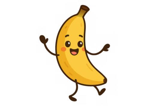 Happy cartoon banana character dancing and waving, having fun, cute fruit illustration with transparent background