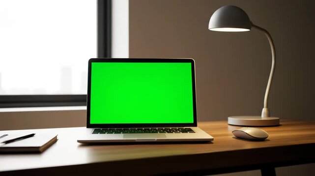 Modern laptop with a bright green screen on a wooden desk, next to a notebook and a desk lamp, ready for work vector illustration