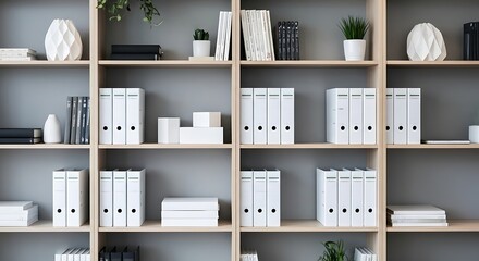 Organized Shelves with Office Supplies Books and Plants for Home Office or Corporate Interior Design Productivity and Minimalist Aesthetic