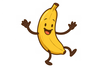Yellow banana cartoon character dancing and celebrating, showing happiness and joy with wide smile