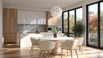 Fototapeta premium modern kitchen and dining area with a round table and chairs featuring contemporary design and bright natural light