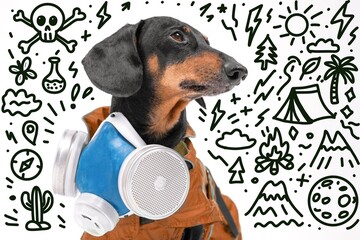 Dachshund wearing a blue gas mask and brown coat, set against a fun doodle background. elements like mountains, trees, and camping gear highlight an adventurous theme.