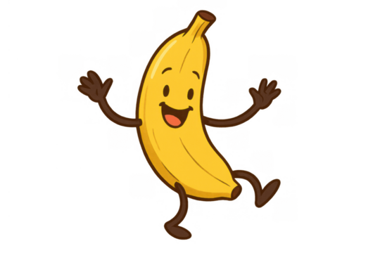 Yellow banana cartoon character dancing and celebrating, showing happiness and joy with wide smile