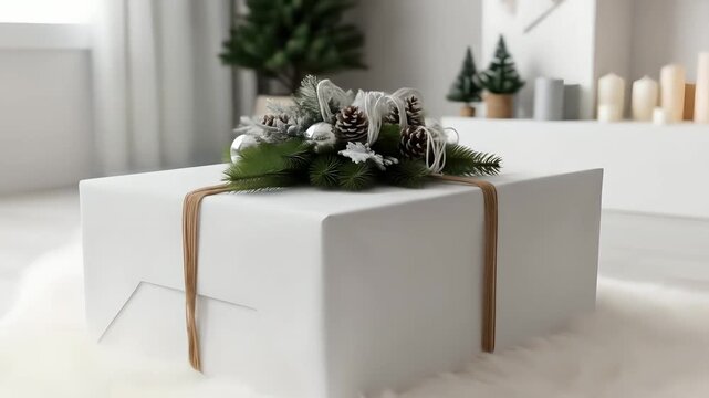 Elegant Christmas gift box with rustic twine and festive pine cone arrangement rotating. Use for holiday marketing, product promotion, winter seasonal greetings, and corporate gifting themes.