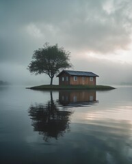 Fototapeta premium A solitary house with a wooden exterior stands on a small island