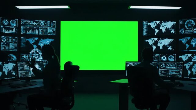 Silhouettes of people in a dark control room with multiple screens showing data and world maps, with a large green screen in the center vector illustration