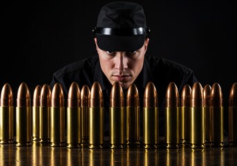 Armed Vigilance: A focused individual in dark attire, positioned behind a row of gleaming bullets, embodies intense scrutiny, conveying a sense of preparation, readiness, and vigilance.