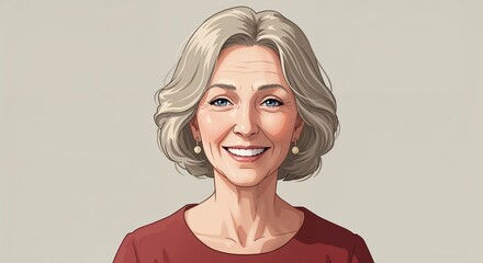 Fototapeta premium The Elegant Portrait: Captivating illustration of a mature, grey-haired woman, radiating warmth and serenity through her radiant smile.