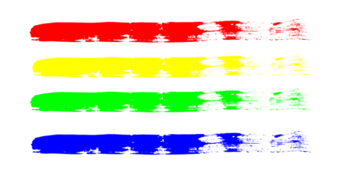 Four abstract brush strokes in red yellow green and blue isolated on transparent background