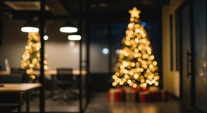 Festive Office Christmas: An atmospheric, warm-lit office is decked out for the holidays, a beautifully decorated Christmas tree takes center stage, radiating joy.