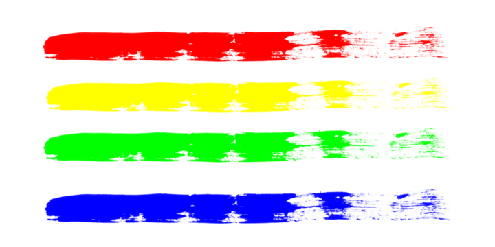 Four abstract brush strokes in red yellow green and blue isolated on transparent background