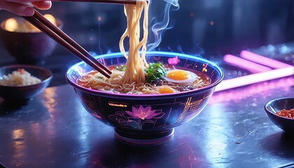 Steaming hot ramen bowl with chopsticks lifting noodles in neon lit restaurant
