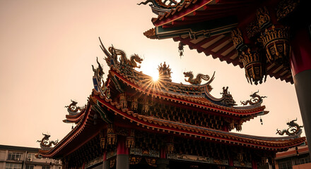 Fototapeta premium Traditional Asian Temple Roof with Intricate Decorations and Sunburst Backlighting