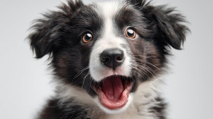 puppy dog border collie with funny face surprising with open mouth and big eyes isolated on white background wow effect surprised expression cute pet dog barking  generative ai
