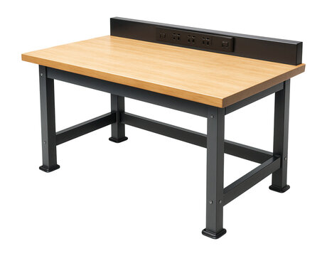 Workbench with a laminated surface and power strip, ideal for carpentry tasks.