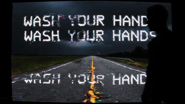 A lone figure stands on a dark, stormy road with glitching text appearing on a screen in front of them, evoking a sense of mystery and unease vector illustration