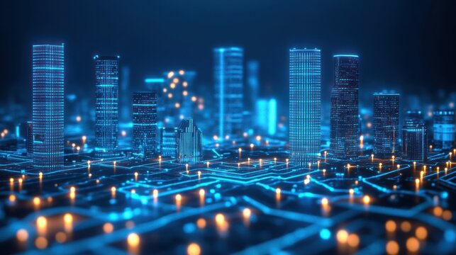 Futuristic city, digital network, night scene, illustration. Potential stock photo