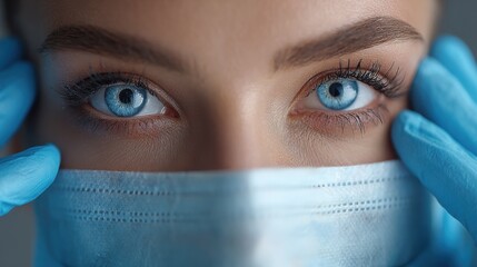 confident female medical professional with blue eyes wearing blue gloves and mask