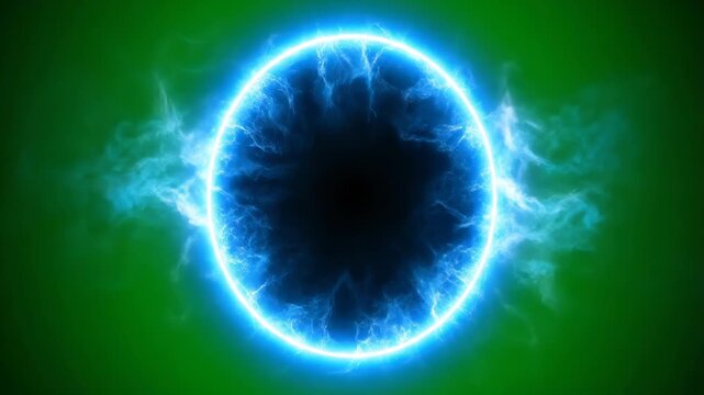 A glowing blue portal with electric energy and smoke against a green background, representing a gateway or wormhole vector illustration