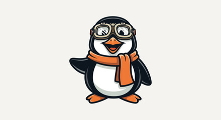Cartoon penguin with goggles and scarf, waving with a friendly expression