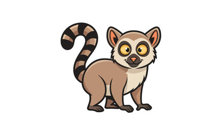 Cartoon lemur with a striped tail, friendly face, and standing on four legs against a white background