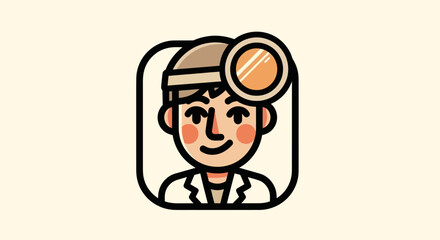 A cartoon image of a doctor wearing a headlamp. The face is friendly, and the style is flat