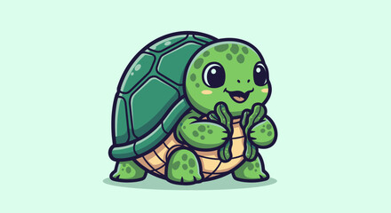 Cute cartoon turtle with a green shell and big eyes smiles with its arms up