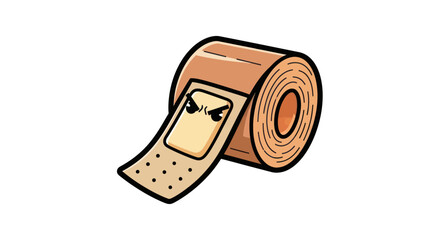 Cartoon bandage roll with an angry face. Bandage strip extends from the roll. Solid white background