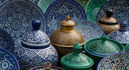 International Day of Islamic Art a collection of intricately decorated ceramic plates and lidded bowls in various colors and patterns