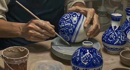 International Day of Islamic Art Artist painting blue patterns on ceramic vases in a pottery studio with tools and finished pieces