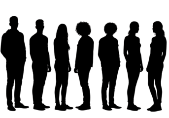Silhouette of a diverse group of people standing in a line isolated on transparent background