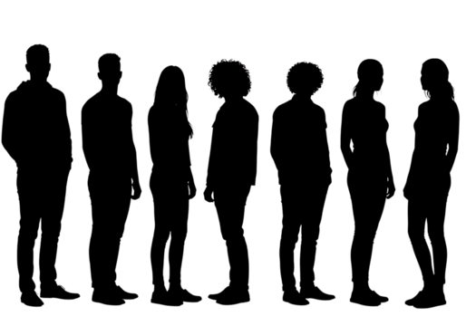 Silhouette of a diverse group of people standing in a line isolated on transparent background