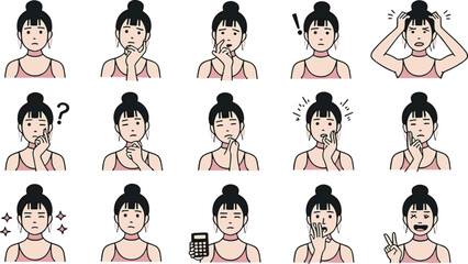 Various expressions of a young woman with a bun hairstyle isolated on white background