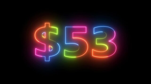 Neon dollar sign with number 53, glowing lines, animated, vibrant colors, finance, price, cost