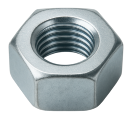 Zinc-plated hex nut for electrical setups to guarantee conductivity.